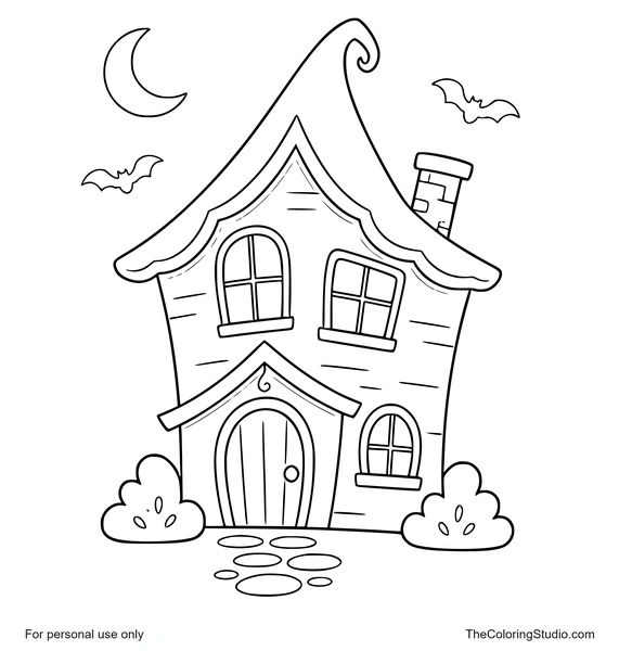 Purple haunted house with glowing windows, a crescent moon, and two small bats on a white background.