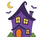 Purple haunted house with glowing windows, a crescent moon, and two small bats on a white background.