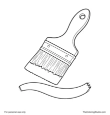 Wide wooden paintbrush with a metal ferrule, blue paint on the bristles, and one curved blue stroke.