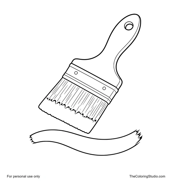 Wide wooden paintbrush with a metal ferrule, blue paint on the bristles, and one curved blue stroke.