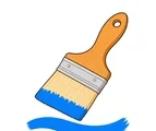 Wide wooden paintbrush with a metal ferrule, blue paint on the bristles, and one curved blue stroke.