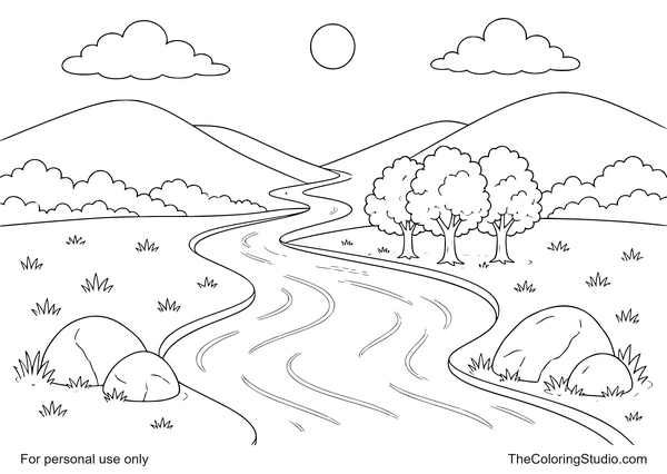 Winding river between green hills with meadow banks, leafy trees, rocks, clouds, and a small sun.