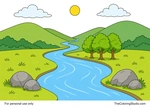 Winding river between green hills with meadow banks, leafy trees, rocks, clouds, and a small sun.