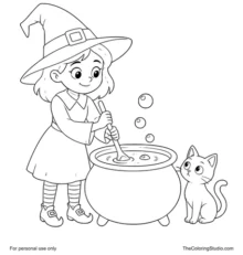 Friendly witch stirring a green potion beside a curious black cat on a white background.