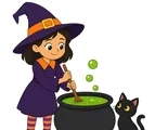 Friendly witch stirring a green potion beside a curious black cat on a white background.