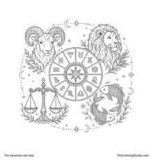 Zodiac wheel with twelve glyph sectors surrounded by Aries, Leo, Libra and Pisces in one connected celestial composition.