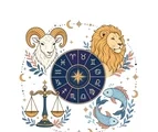 Zodiac wheel with twelve glyph sectors surrounded by Aries, Leo, Libra and Pisces in one connected celestial composition.