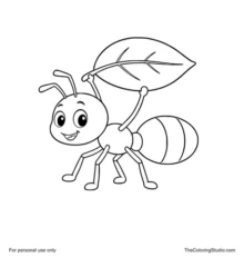 Cheerful cartoon ant with six legs and bent antennae carrying one simple green leaf while walking.