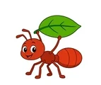 Cheerful cartoon ant with six legs and bent antennae carrying one simple green leaf while walking.