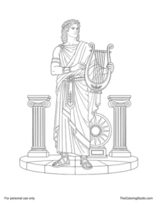 Apollo in Greek robes holding a golden lyre beside a sun emblem and temple columns.