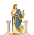Apollo in Greek robes holding a golden lyre beside a sun emblem and temple columns.