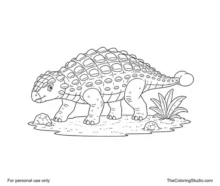 Child-friendly Ankylosaurus with broad armor plates, sturdy legs, a rounded tail club, rocks, and simple prehistoric plants.