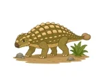 Child-friendly Ankylosaurus with broad armor plates, sturdy legs, a rounded tail club, rocks, and simple prehistoric plants.
