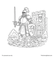 Armored medieval knight with a plumed helmet, sword, and shield standing beside a stone castle gate.