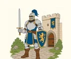 Armored medieval knight with a plumed helmet, sword, and shield standing beside a stone castle gate.