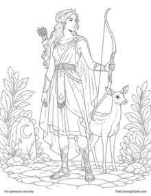Artemis holding a curved bow beside a calm deer beneath a crescent moon and broad leaves.