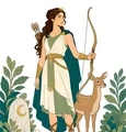 Artemis holding a curved bow beside a calm deer beneath a crescent moon and broad leaves.
