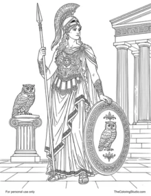 Athena wearing a crested Greek helmet and holding a spear and round shield, with an owl beside her.