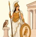 Athena wearing a crested Greek helmet and holding a spear and round shield, with an owl beside her.