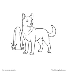 Black folklore dog standing beside a rounded stone with two broad grass blades.