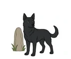 Black folklore dog standing beside a rounded stone with two broad grass blades.
