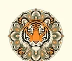 Front-facing tiger mandala with rounded ears, mirrored facial stripes, alert eyes, a broad muzzle, and radial ornaments.