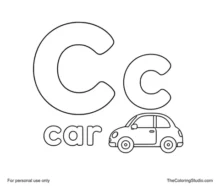 Large blue uppercase C, smaller coral lowercase c, the word car, and a simple colorful compact car on a white background.