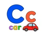 Large blue uppercase C, smaller coral lowercase c, the word car, and a simple colorful compact car on a white background.