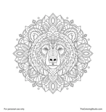 Front-facing bear mandala with rounded ears, small eyes, a broad muzzle, layered cheek fur, and radial ornaments.