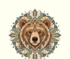 Front-facing bear mandala with rounded ears, small eyes, a broad muzzle, layered cheek fur, and radial ornaments.