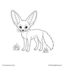 Calm adult fennec fox standing with large ears, a fluffy curved tail, simple paws, and small desert grass tufts.