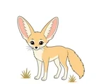 Calm adult fennec fox standing with large ears, a fluffy curved tail, simple paws, and small desert grass tufts.