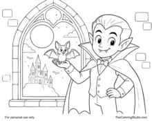 Cartoon vampire holding a small bat beside a Gothic window with a full moon, clouds, and a simple distant castle.