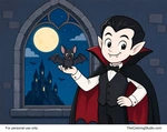 Cartoon vampire holding a small bat beside a Gothic window with a full moon, clouds, and a simple distant castle.