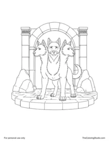 Three-headed Cerberus standing calmly before a stone gate with four paws and one curved tail visible.