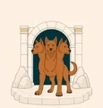Three-headed Cerberus standing calmly before a stone gate with four paws and one curved tail visible.