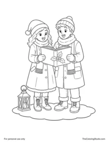 Two cheerful Christmas carolers with a shared holly-decorated songbook and lantern on snow.