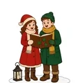 Two cheerful Christmas carolers with a shared holly-decorated songbook and lantern on snow.