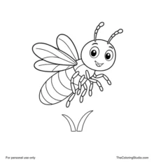Cheerful cartoon firefly flying with simple wings, six legs, two antennae, and a bright yellow-green abdomen.