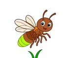 Cheerful cartoon firefly flying with simple wings, six legs, two antennae, and a bright yellow-green abdomen.