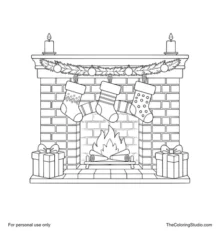 Christmas fireplace with three stockings, evergreen garland, four ornaments, two candles and two wrapped gifts.