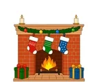 Christmas fireplace with three stockings, evergreen garland, four ornaments, two candles and two wrapped gifts.
