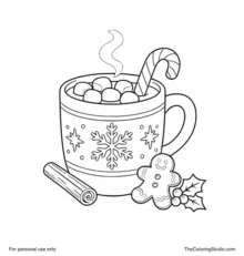 Festive mug of Christmas hot cocoa with marshmallows, a candy cane, cinnamon stick, gingerbread cookie and holly.