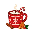Festive mug of Christmas hot cocoa with marshmallows, a candy cane, cinnamon stick, gingerbread cookie and holly.