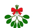 Christmas mistletoe sprig with eight green leaves, five white berries and a red ribbon.