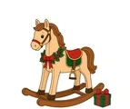 A traditional wooden Christmas rocking horse with holly, ribbon, curved rockers, and one small wrapped gift.