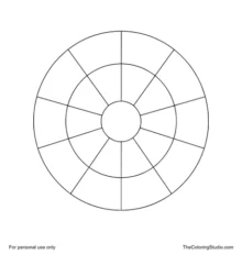 Simple geometric mandala with a central circle, eight large triangles, curved arc panels and a segmented outer ring.