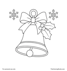 Classic Christmas bell with a red ribbon, three holly leaves, three berries and two snowflakes.