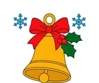 Classic Christmas bell with a red ribbon, three holly leaves, three berries and two snowflakes.