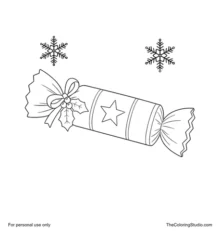 Traditional Christmas cracker with red ribbon, holly leaves, berries, gold star and two snowflakes.